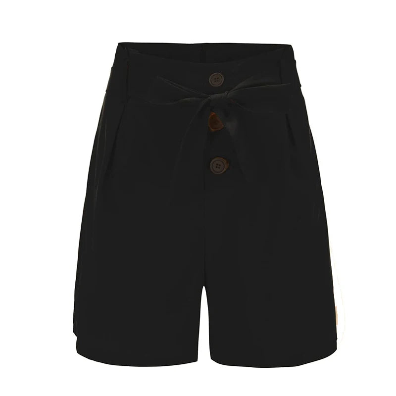 Shorts cintura alta com botão sólido frontal e cinto gravata.