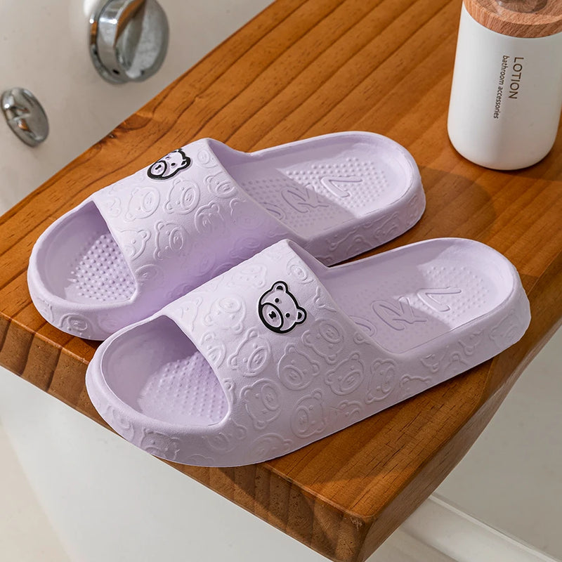 Women's Slippers Summer Printting Cute Bear Indoor Bathroom Anti-slip Soft Sole Couple Lightness Comfortable Men Leisure Shoes